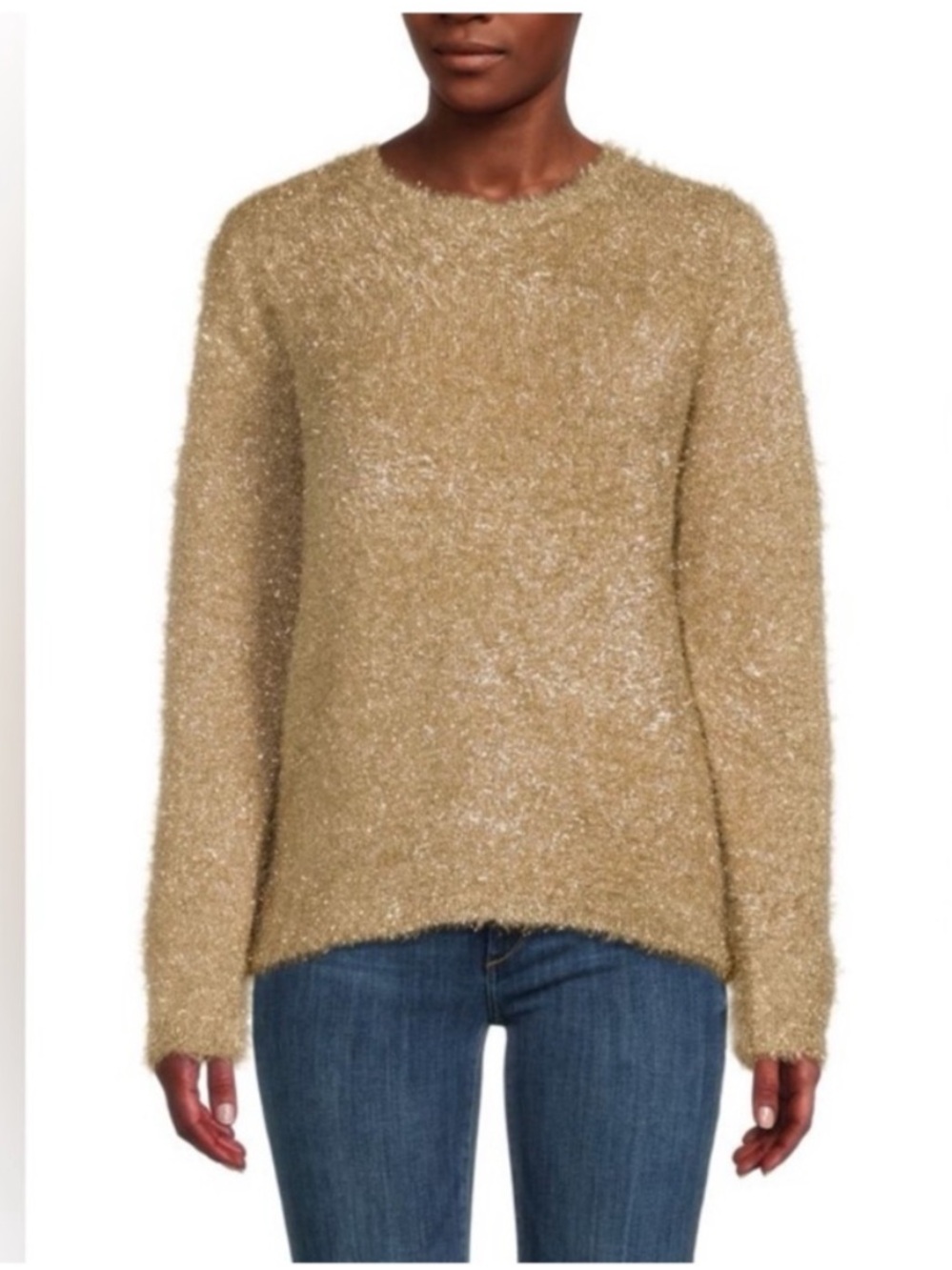 Skye's the Limit Boho Gold Fuzzy Sparkly Tinsel Crew Neck Sweaters.  M. NWT.
